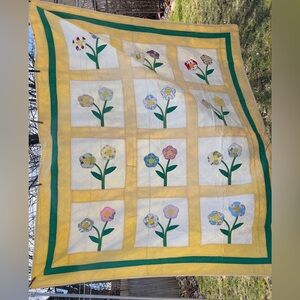 Vintage Antique Floral Patchwork Quilt with Green and Yellow Accents 70”x88”